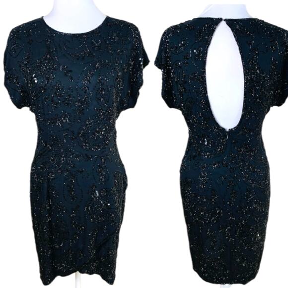 Black Tie Dresses & Skirts - Vintage Black Tie Sz 10 Dress 100% Silk Beaded Black Cut Out Back Cocktail Party